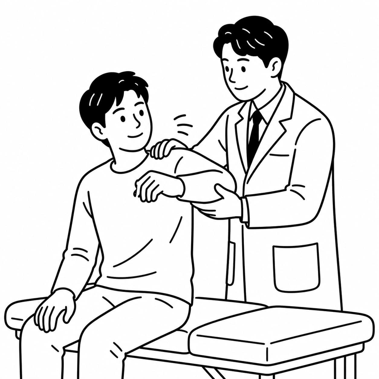 흑백 선화로 한의사가 앉은 환자의 어깨 움직임을 살피는 추나 진료 모습