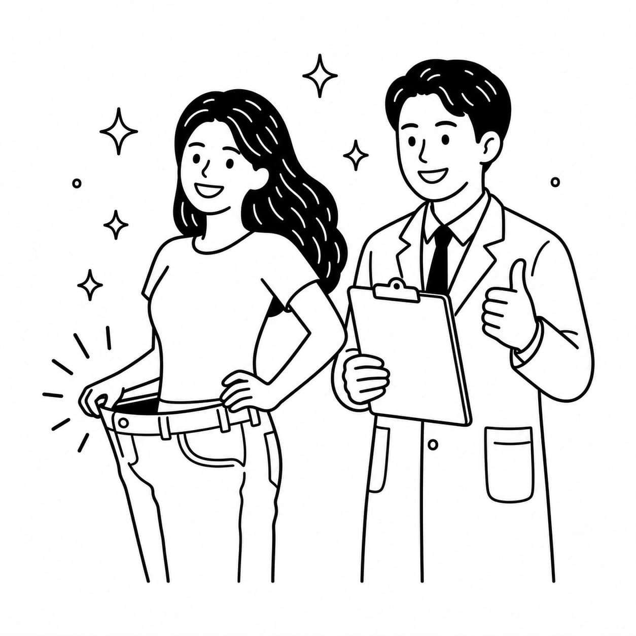 흑백 선화로 여성이 헐거워진 바지 허리춤을 잡고 한의사가 상담하는 모습