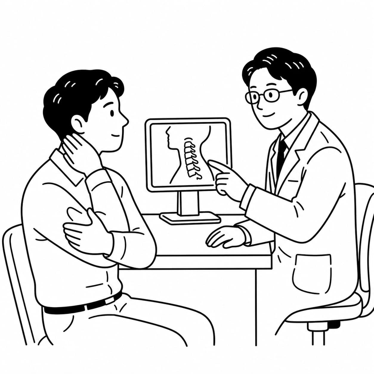 흑백 선화로 한의사가 경추 그림을 가리키며 목 통증 환자에게 설명하는 모습